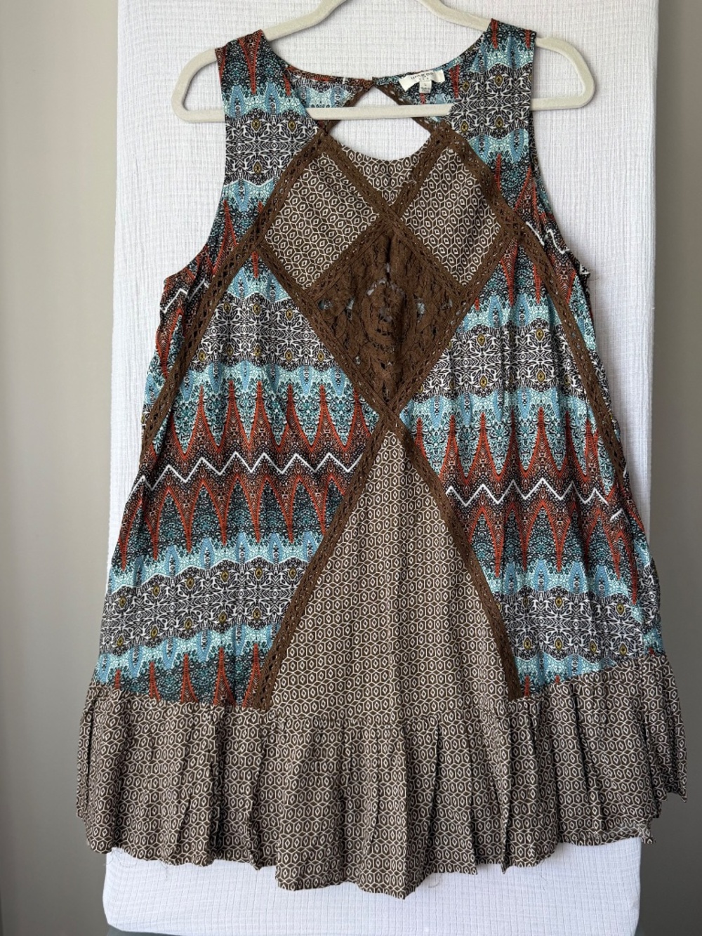 Umgee Boho Mixed Print Cut Out V-Neck Mini Dress Ruffled Bottom LG Festival
